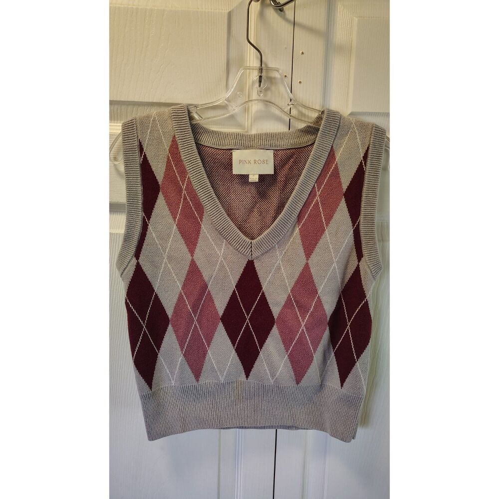 Pink Rose Argyle Sweater Vest V-Neck Cropped Knit Gray Pink Burgundy Small